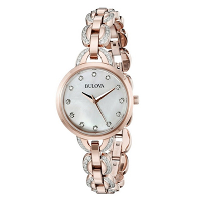 闪亮水钻！宝路华Bulova 98L207 女士玫瑰金石英腕表