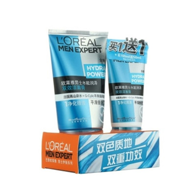 送吸油纸！欧莱雅 男士水能润泽双效洁面膏 100ml+50ml