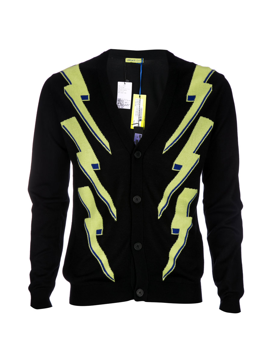 时尚！versace jeans 黑色闪电图案花纹针织开衫