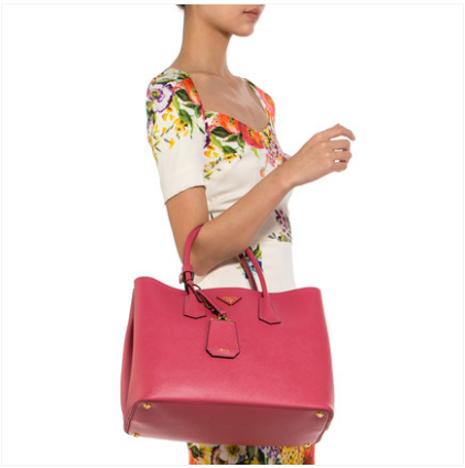 奢侈！Prada/普拉达 DOUBLE BAG系列桃红色十字纹牛皮手提包