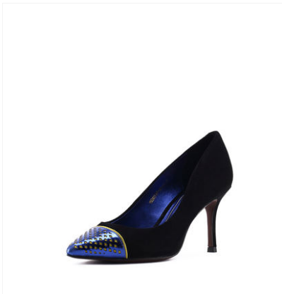 镂空设计！GML 黑色反绒羊皮贴膜镂空尖头细高跟鞋