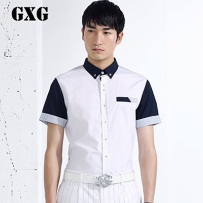 休闲百搭！GXG男士潮流时尚休闲蓝白色短袖衬衫#42223132