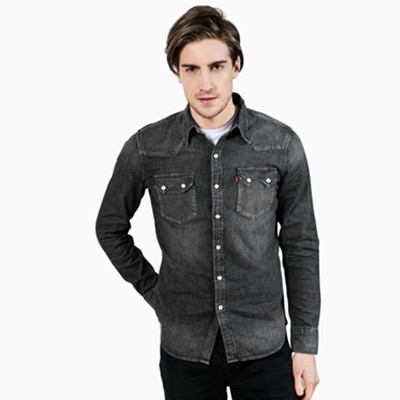 盛夏热促！Levi's李维斯男士纯棉暗灰色长袖牛仔衬衫65819-0083