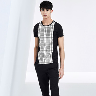 时尚线条！GXG男士时尚黑白线条短袖T恤#53144074