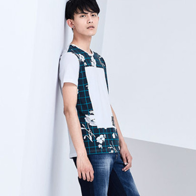 清新百搭！GXG男士时尚蓝白色圆领短袖T恤#52244257