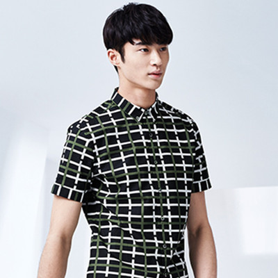 摩登时尚！GXG男士时尚绿白格纹休闲短袖衬衫#52123006
