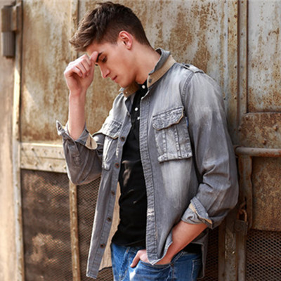 型男必备！花花公子男士翻领修身长袖牛仔衬衫13AWPB01M026