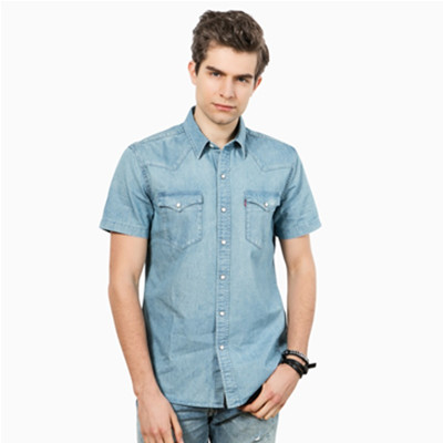 休闲设计！Levi's李维斯男士翻领尖领短袖牛仔衬衫21978-0007