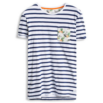 经典条纹！ESPRIT EDC全棉条纹口袋印花短袖T恤-056CC2K001