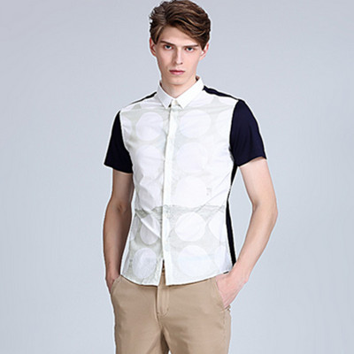 价格不错！马克华菲尖领拼接短袖衬衫7152312056