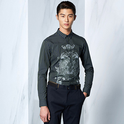 醒目印花！GXG男士时尚绅士蓝绿条纹衬衫#43203161