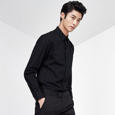 新风尚！GXG男士韩版时尚绅士黑色蓝条纹修身长袖衬衫#53203361