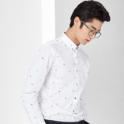 新风尚！GXG白底黑花休闲长袖衬衫#63803009