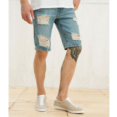 潮流佳品！Bershka男士复古修身破洞牛仔短裤03577251