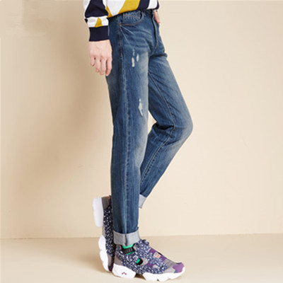 潮流时尚！森马中低腰猫须磨破牛仔直筒长裤