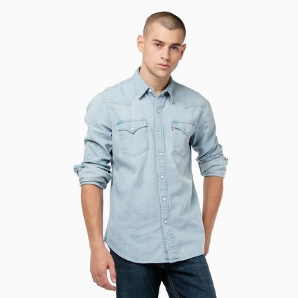 双11好价！李维斯男士纯棉长袖浅蓝色水洗牛仔衬衫66986-0034