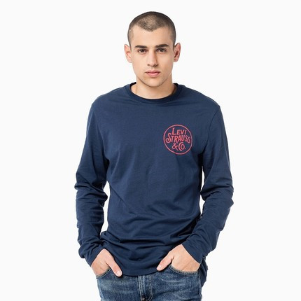 值得入手！李维斯男士Logo印花藏蓝色纯棉长袖T恤22538-0013
