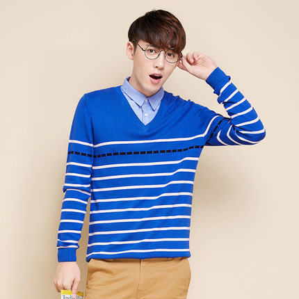 四色可选！森马针织衫套头条纹假两件毛衫