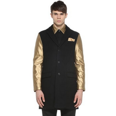 绅士风范！TRENDIANO长款撞色拼PU羊毛呢大衣外套3144344360