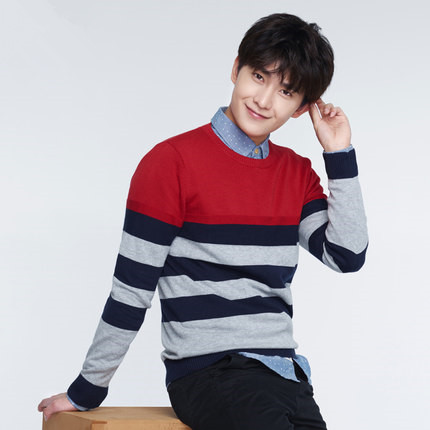 四色可选！森马青少年针织衫圆领条纹毛衣