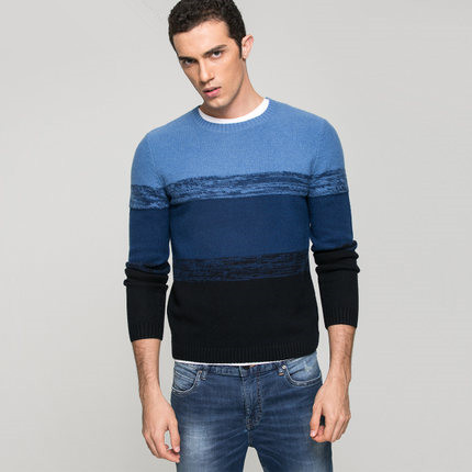 时尚渐变！杰克琼斯渐变条纹羊毛男装圆领冬针织衫毛衣E|216425503