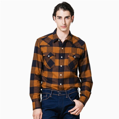 经典格纹！Levi's李维斯修身长袖棕蓝格子衬衫66986-0011