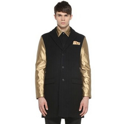 绅士风范！TRENDIANO长款撞色拼PU羊毛呢大衣外套3144344360