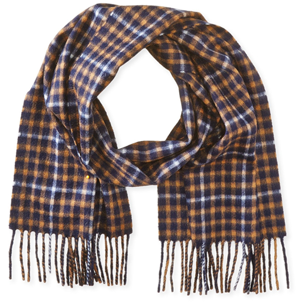 纯正羊毛！Phenix Cashmere 男士 窗格纹围巾 深蓝色/驼色