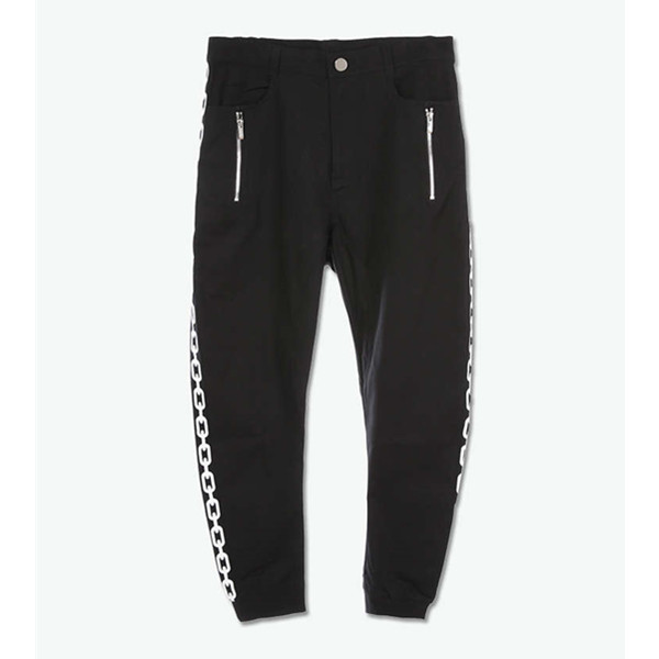 修身时尚！LONG CLOTHING 链条织带装饰弯刀梭织裤