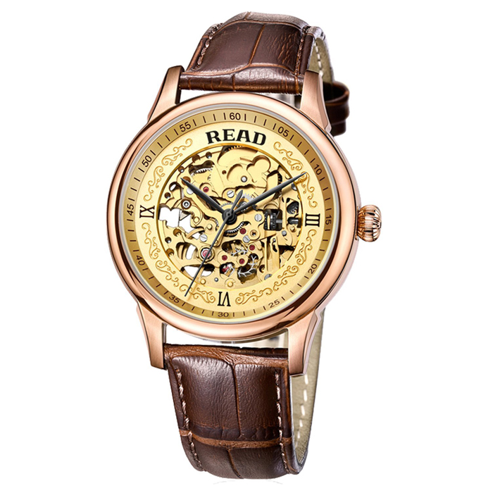 复古优雅！READ 锐力 全自动机械镂空皮带男士手表