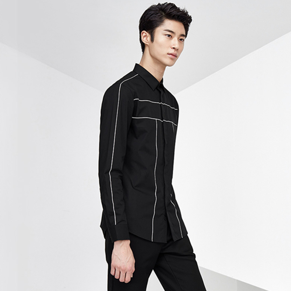 时尚修身！GXG男士黑色衬衣男休闲长袖衬衫#63803003