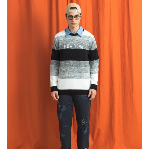 百搭休闲！Preppy Elite NEW YORK拼色毛衣
