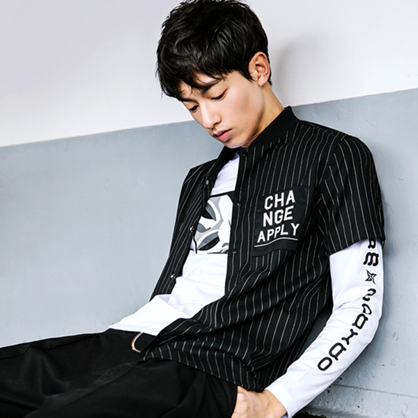 简约百搭！GXG男士时尚黑底白条休闲短袖衬衫#171823001