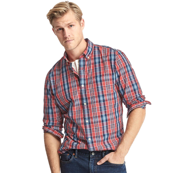 休闲百搭！Gap纯棉水洗格纹修身衬衫525825