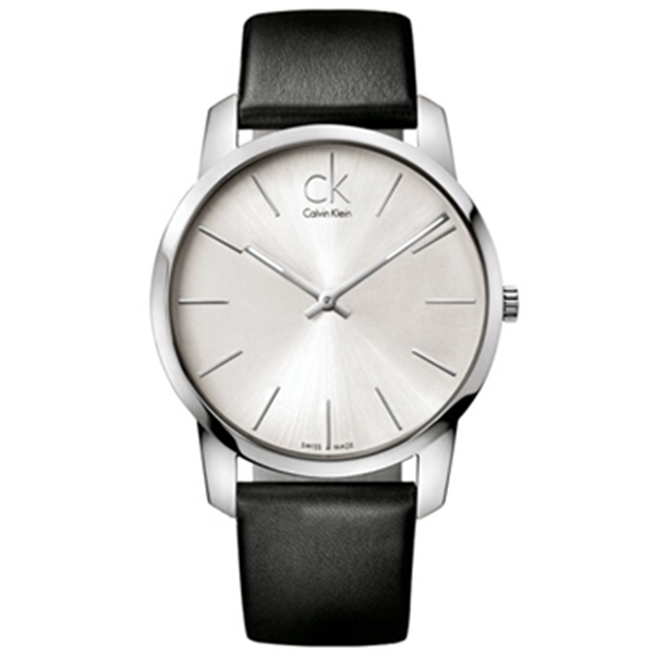 简约时尚！CK卡文克莱白盘黑色皮带石英表K2G211C6