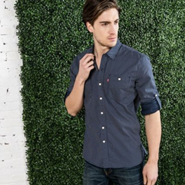 成熟稳重！李维斯男士波点印花纯棉蓝色长袖衬衫21971-0009