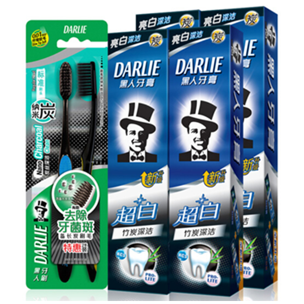 618狂欢！黑人超白牙膏套装竹炭深洁120g*4+炭丝深洁牙刷*2