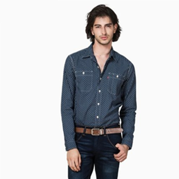 修身印花！李维斯蓝色翻领尖领长袖衬衫65822-0102