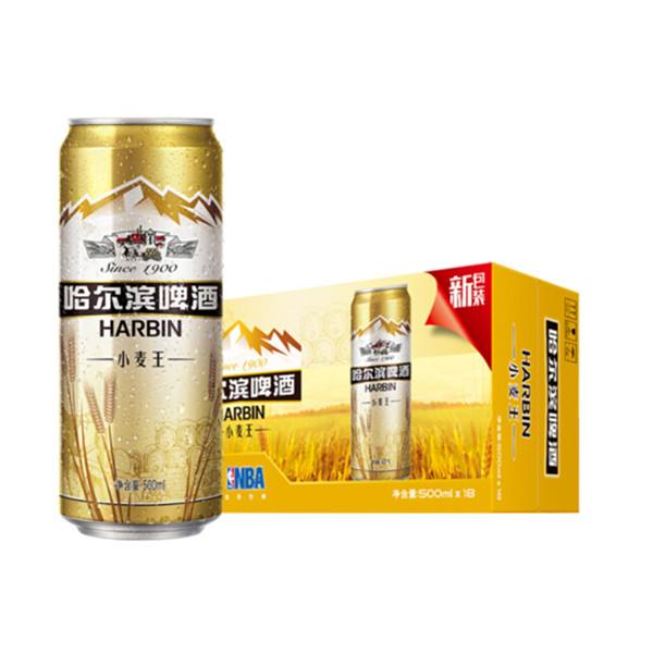 麦香浓郁！哈尔滨 小麦王啤酒 500ml*18听