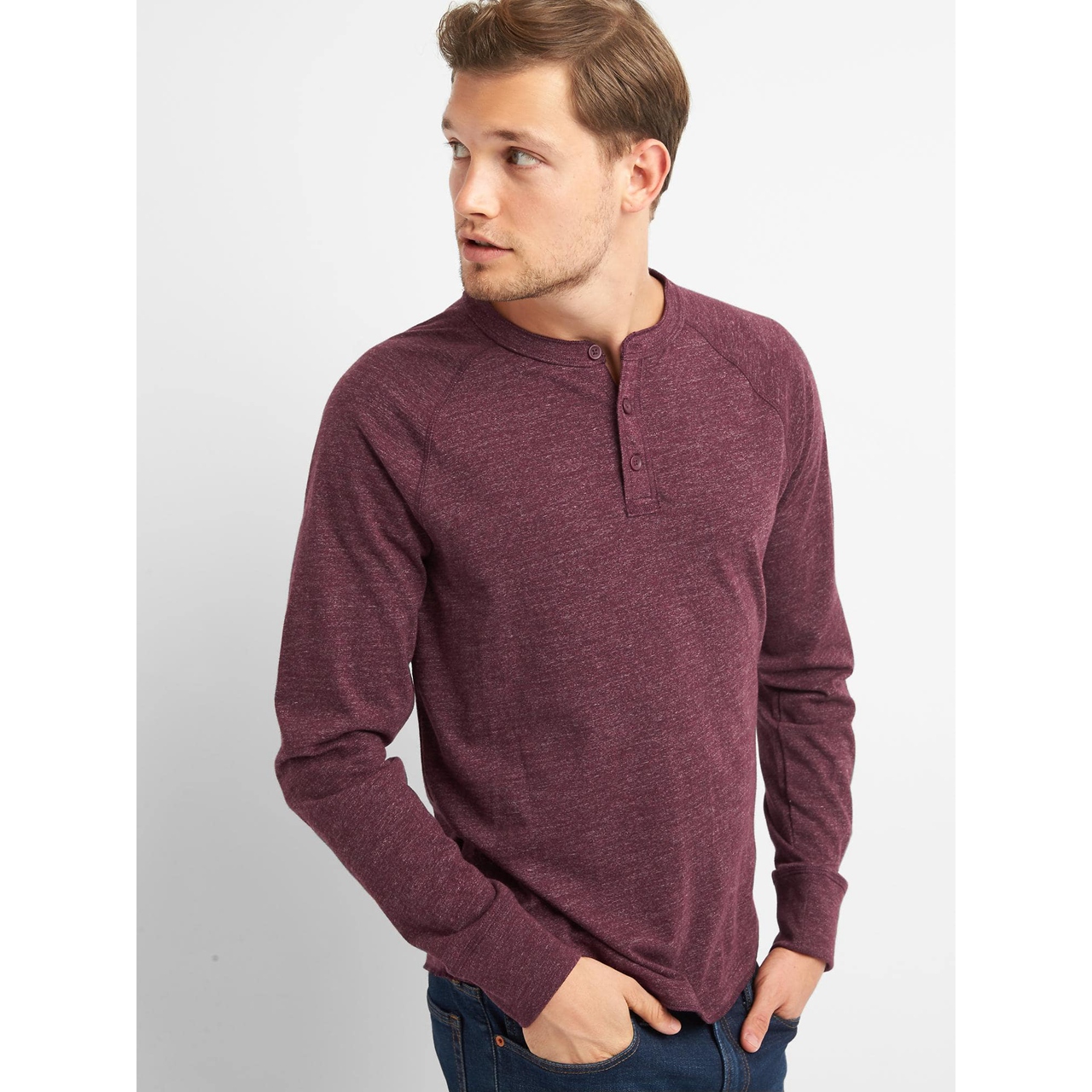 多色齐降！Gap简洁混色亨利领长袖T恤852019 W