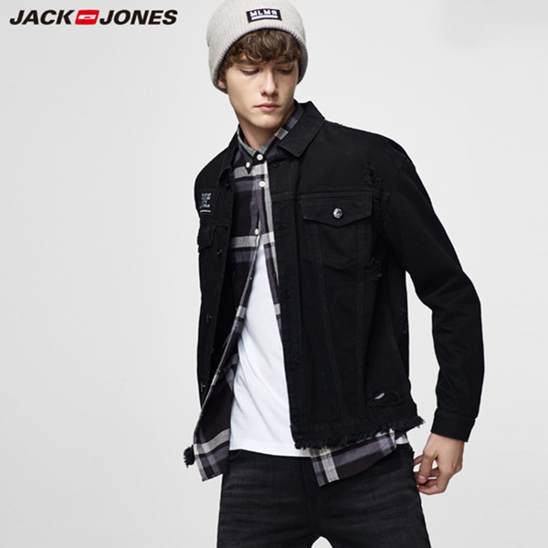 商场同款！杰克琼斯秋季街头潮破洞黑色短款牛仔夹克