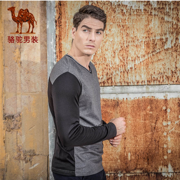 清仓秒杀！骆驼时尚V领青年商务休闲长袖T恤衫