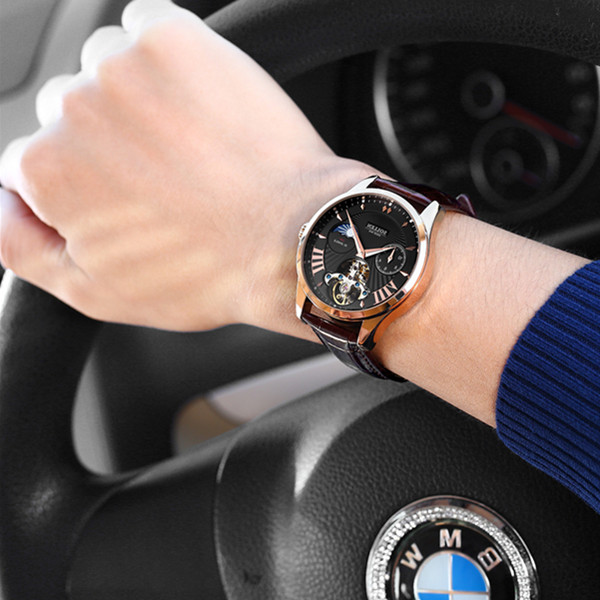 精致典雅！梭伦男士机械表全自动防水镂空真皮带潮时尚男表