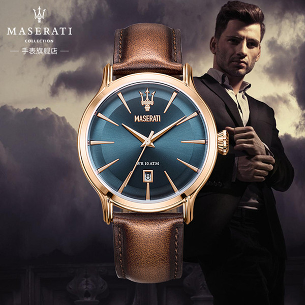 儒雅风范！玛莎拉蒂男士石英防水手表棕色皮带