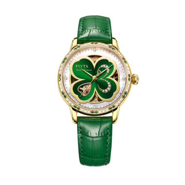 四叶草系列！飞亚达女士手表镂空机械女表 绿带礼盒装