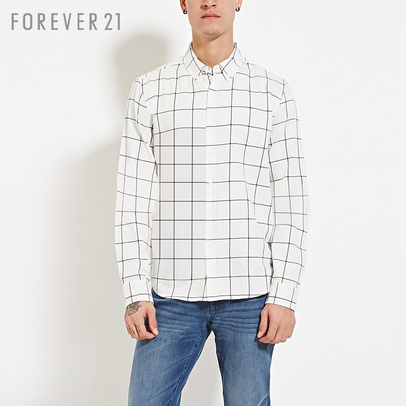 轻盈舒适！Forever21 男士撞色格纹长袖衬衫