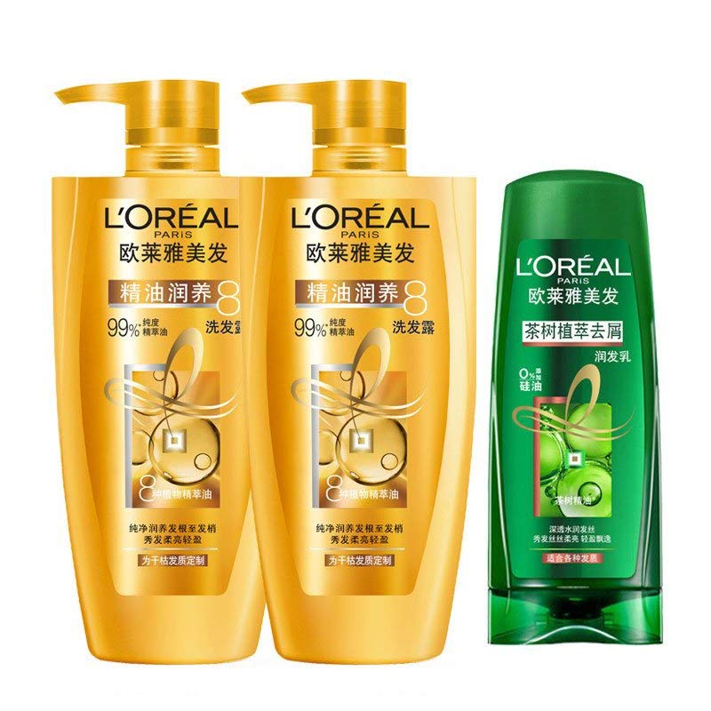 欧莱雅 精油润养洗发露500ml*2+茶树植萃润发乳200ml