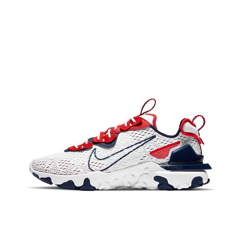 推荐商品：Nike React Vision 跑鞋 耐磨缓震休闲轻便透气机能解构运动织物合成革泡棉包裹性 白色/红色/藏青