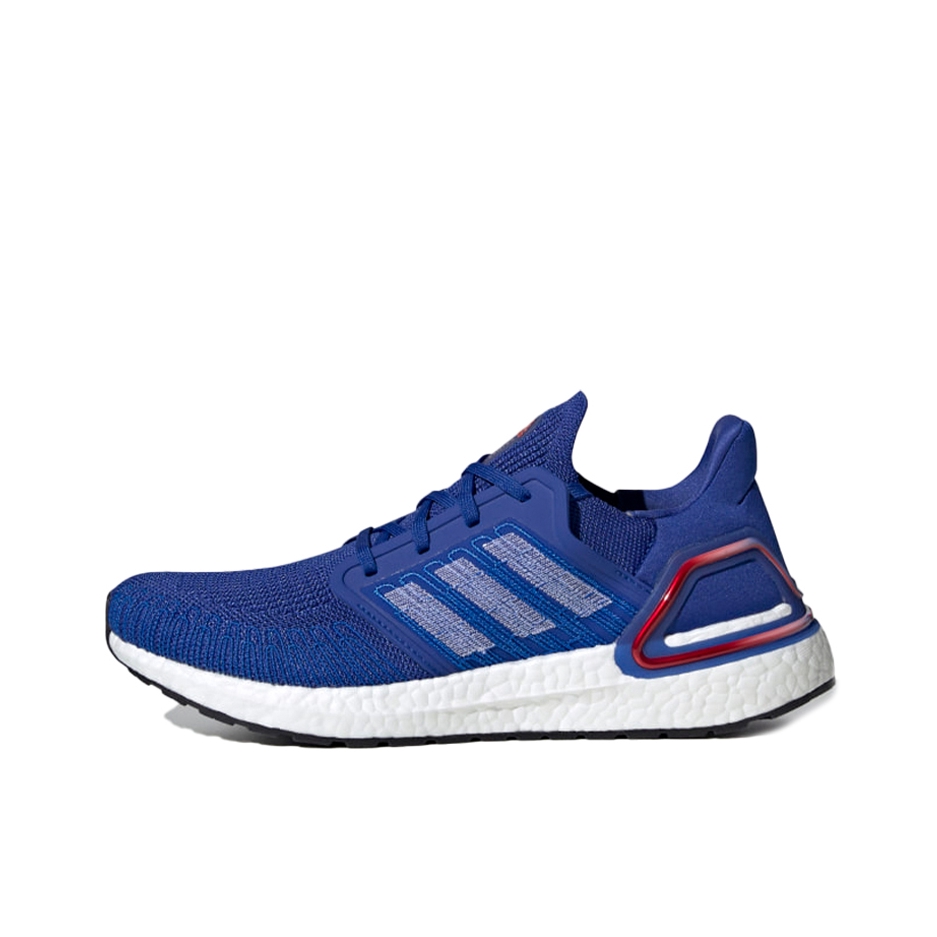 推荐商品：adidas UltraBoost 2020 经典UB 跑鞋 织物缓震回弹抗扭转圆头轻运动 宝蓝色/云白色/猩红色