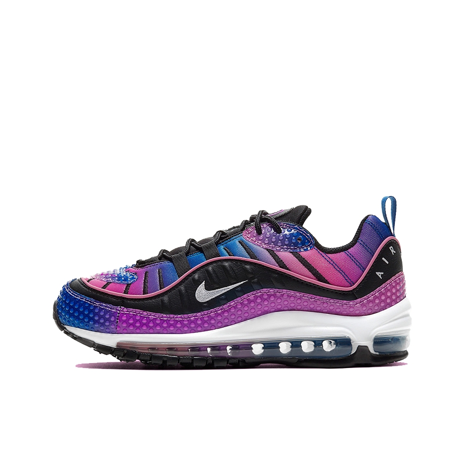 推荐商品：Nike Air Max 98 跑鞋 潮流复古全掌缓震回弹防滑耐磨轻便透气时尚拼接圆头气垫 Bubble Wrap 蓝紫/黑色